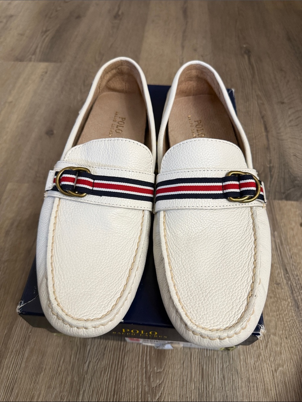 Polo by Ralph Lauren Willem model White Leather Loafers with Red Blue Stripe 14
